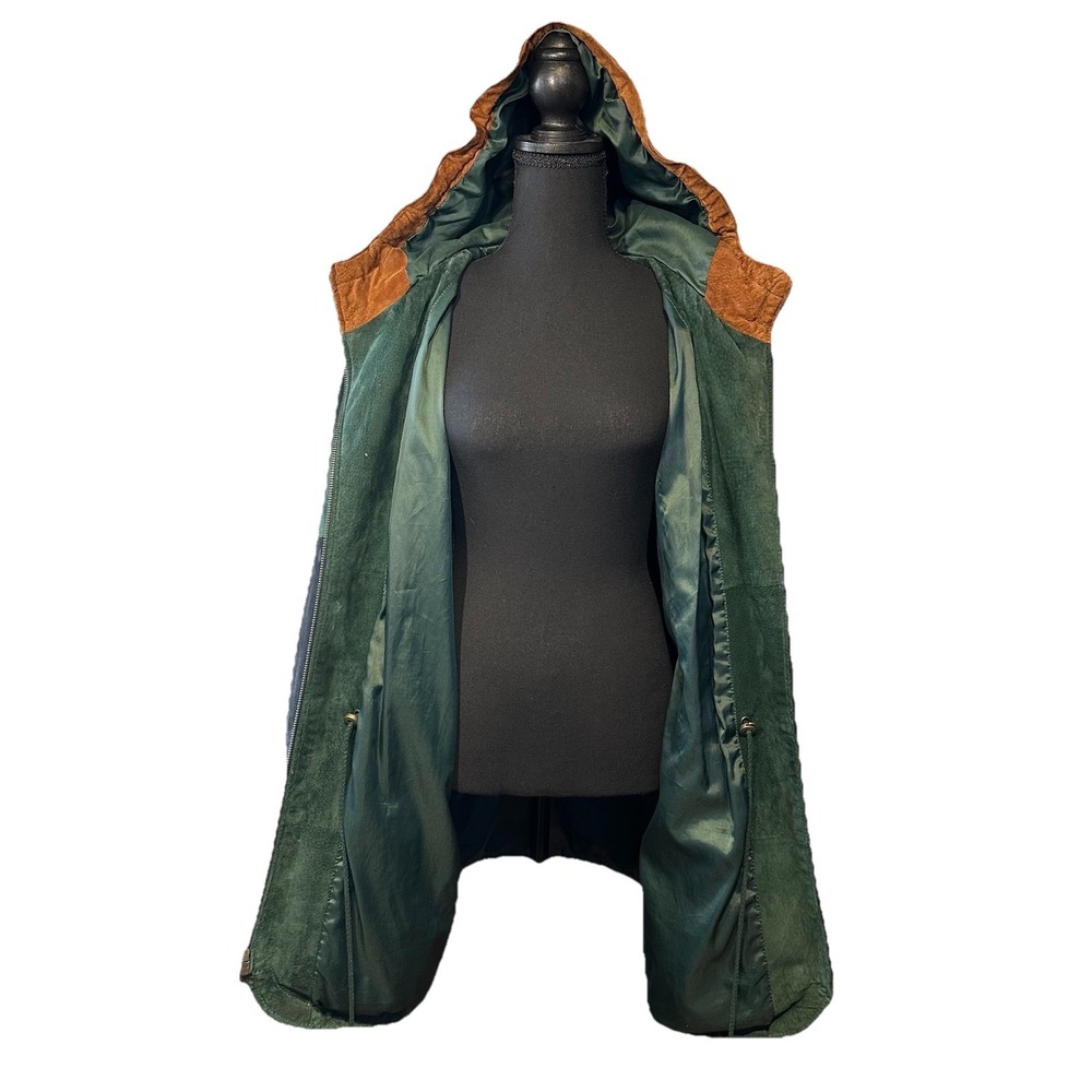 Vtg Preston & York Suede Leather Jacket LG Hooded Colorblock Drawstring Waist - Picture 12 of 16